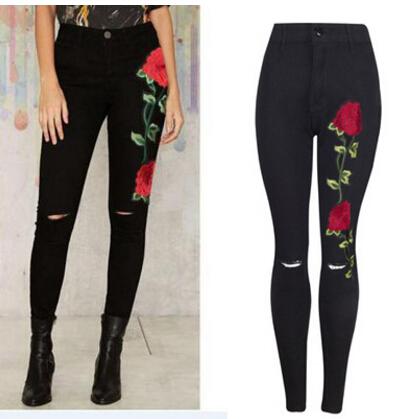2019 svart blommiga jeans Dammode Rose Broderi Design High