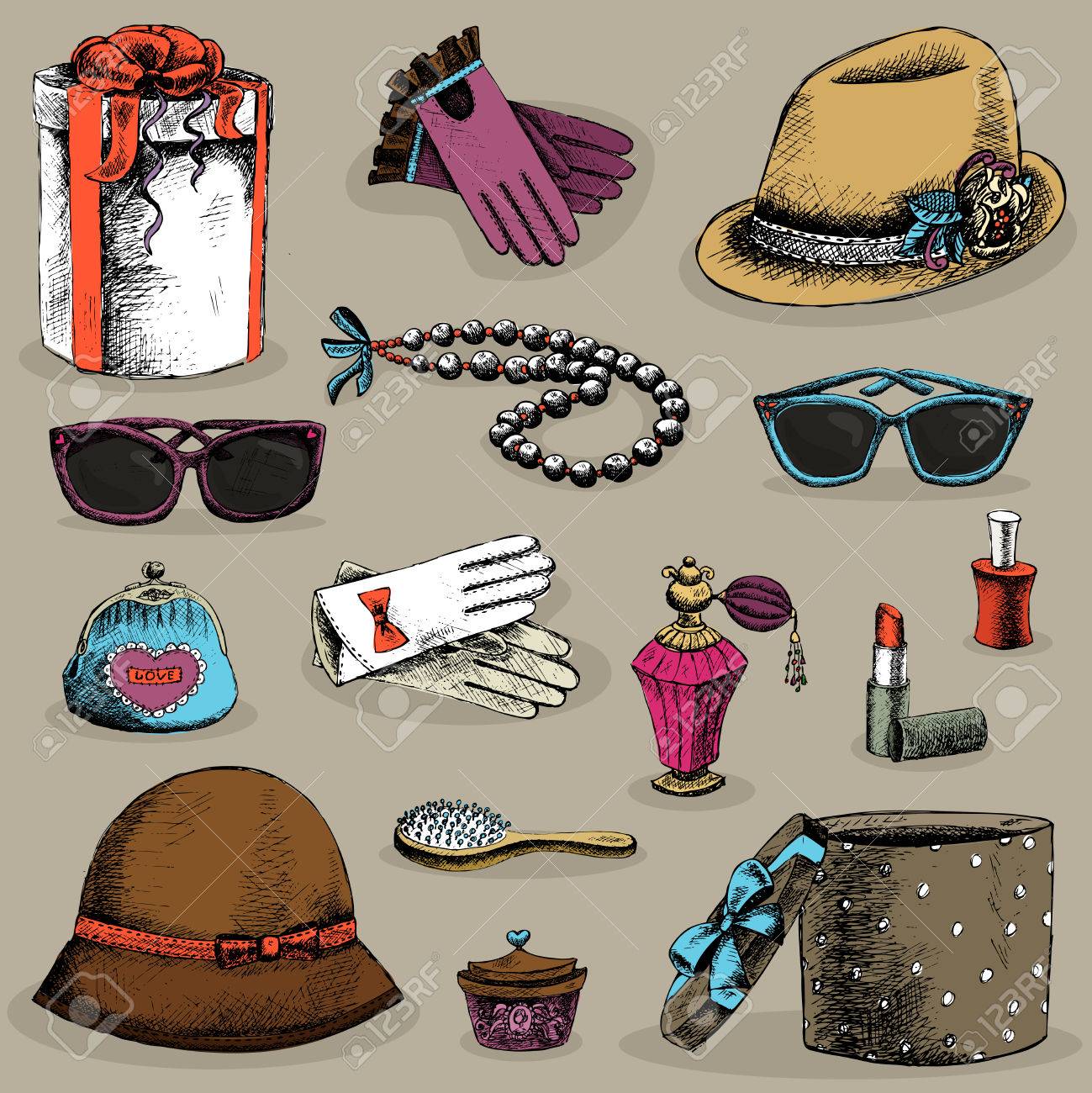 Stockfoto - Womenu0027s tillbehör uppsättning handskar glasögon hatt läppstift och parfym, dekorativ isolerad vektorillustration
