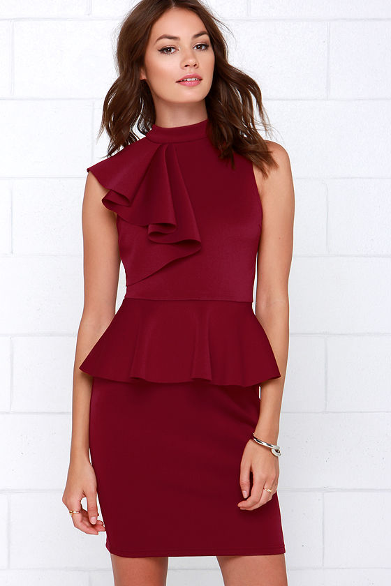 Positivt frilled Wine Red Peplum Dress
