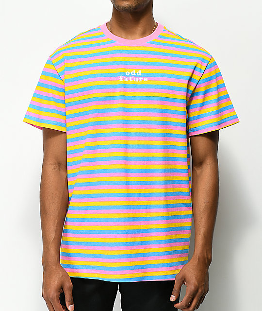 Odd Future OF rosa, blå & gul randig T-shirt |  Zumiez